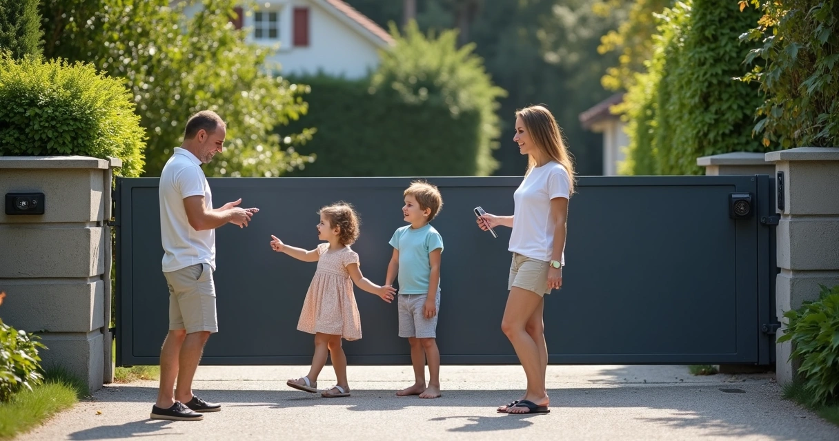 Família abrindo portão automático com controle remoto 