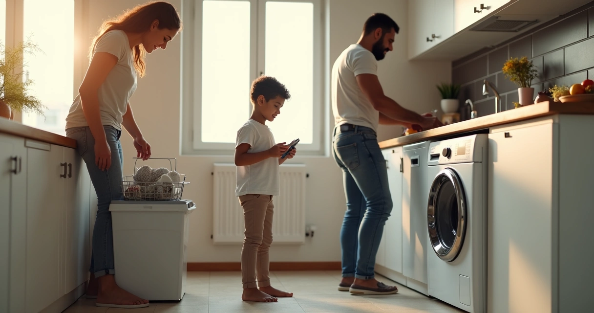 Família feliz usando eletrodomésticos na cozinha 