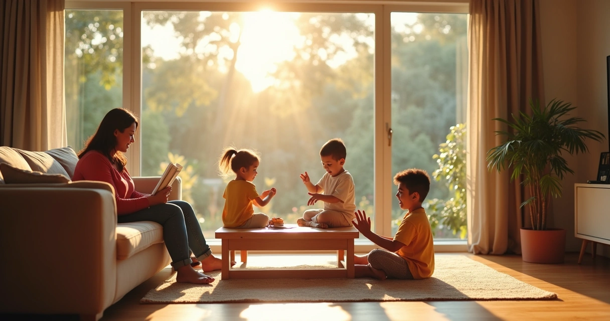 Família reunida em casa com luz natural por energia solar 