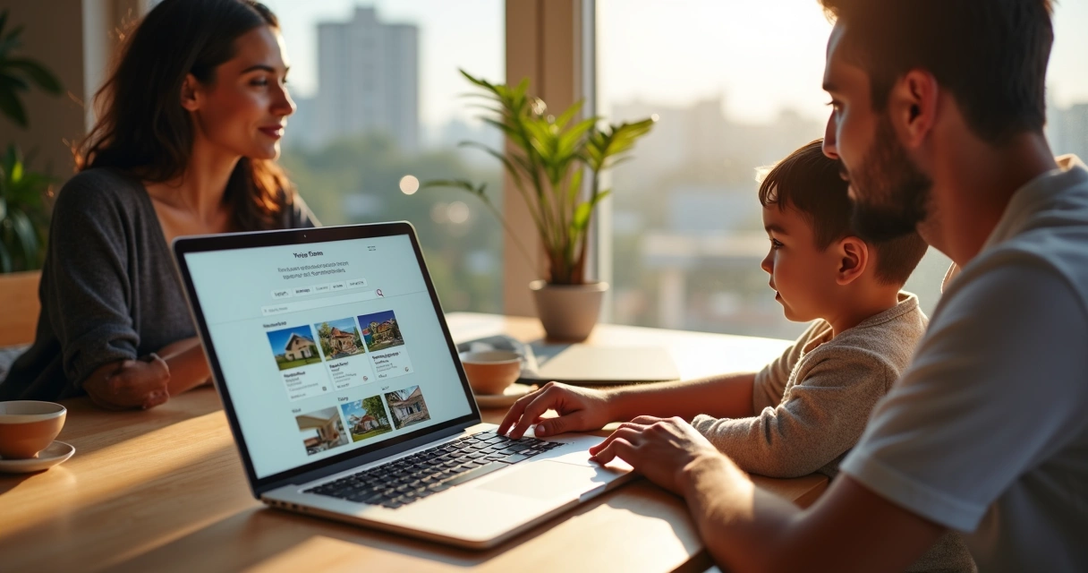 Família pesquisando imóvel por temporada em notebook com filtros avançados 