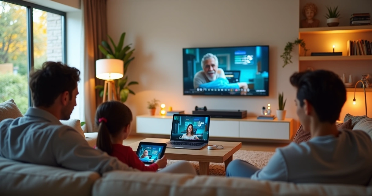 Família usando internet de alta velocidade em casa com diversos dispositivos conectados