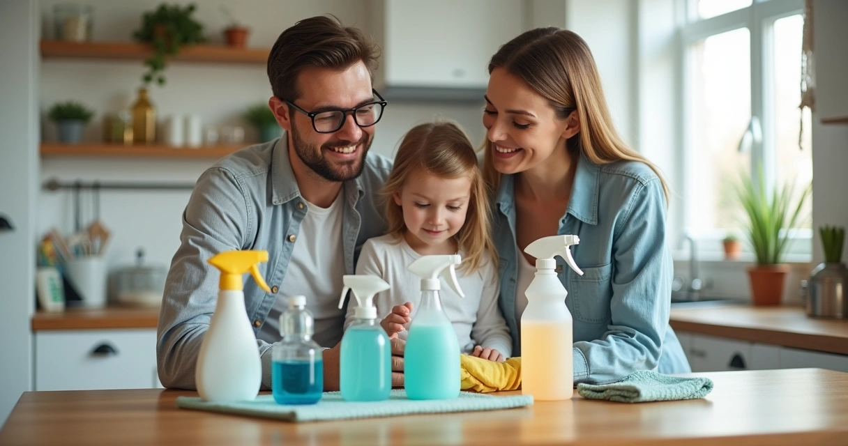 Família usando kit de limpeza em casa 