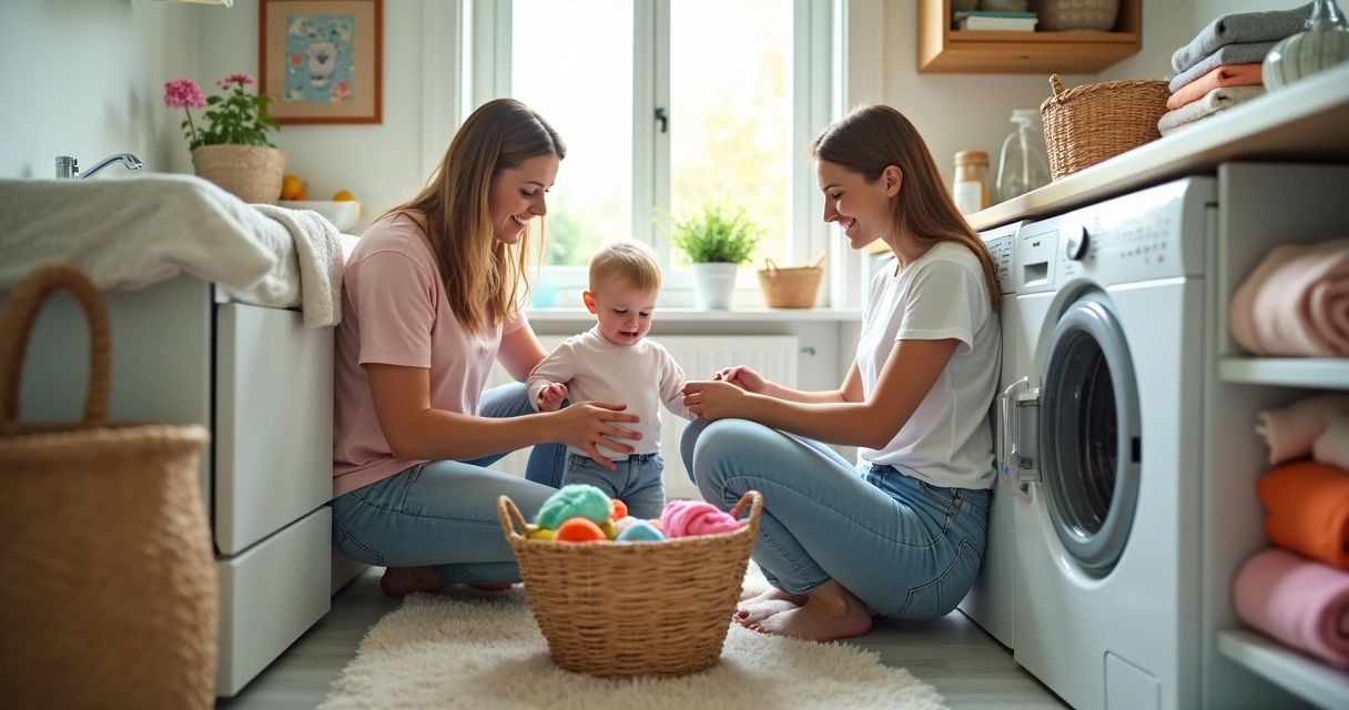 Família sorrindo ao usar máquina de lavar roupas em casa 