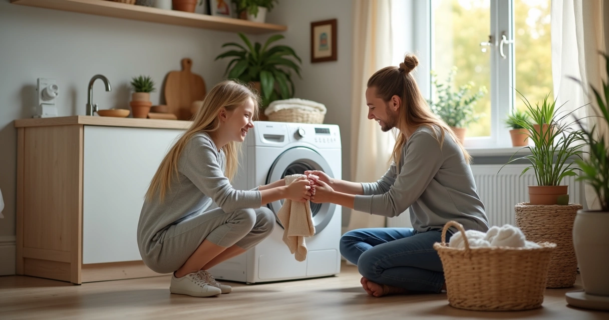 Família feliz usando lavadora em casa 