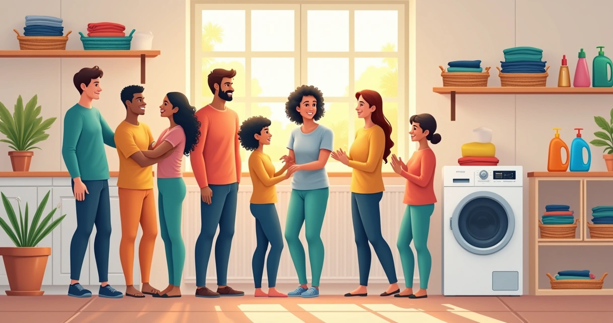 Família feliz usando lavadora de roupas na lavanderia 