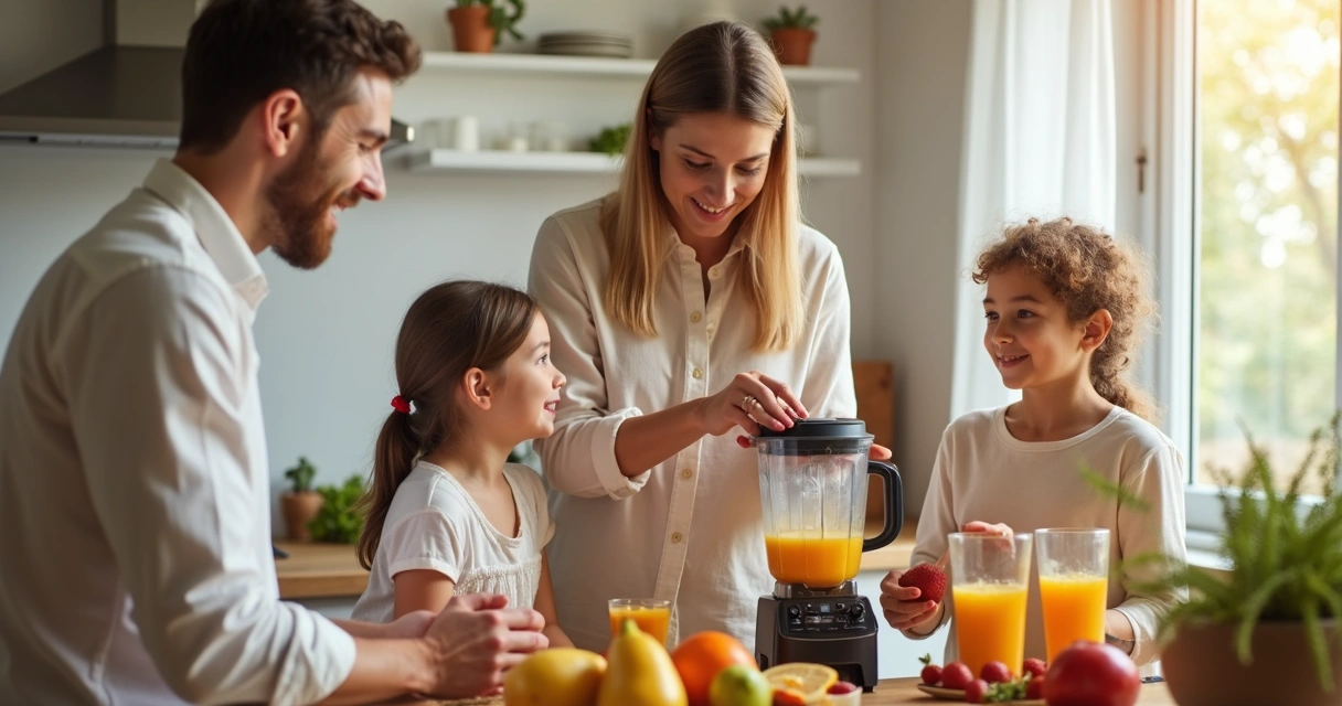 Família usando liquidificador em cozinha clara, preparando suco 