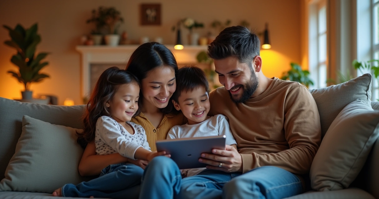 Família reunida olhando aplicativo de tarefas em tablet