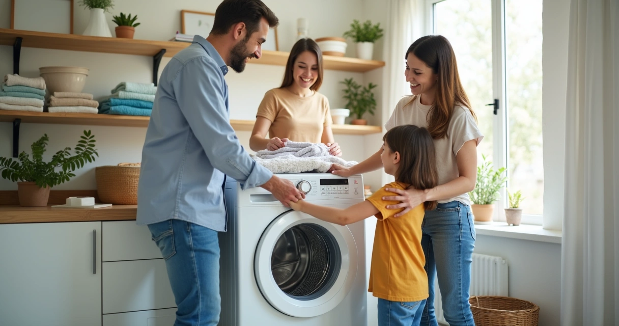 Família satisfeita ao redor da máquina limpa 