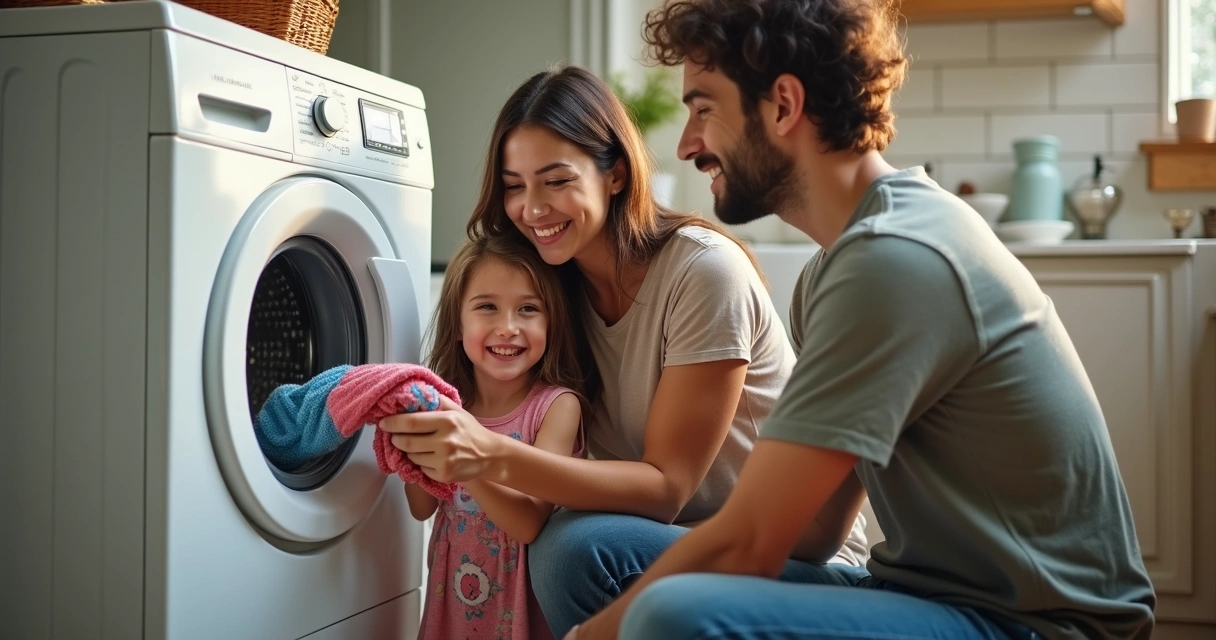Família sorrindo usando máquina de lavar roupa 