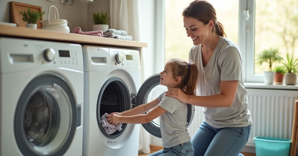 Família colocando roupas na máquina de lavar para economizar energia 
