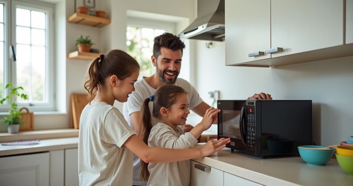 Família usando micro-ondas na cozinha com crianças ao redor 