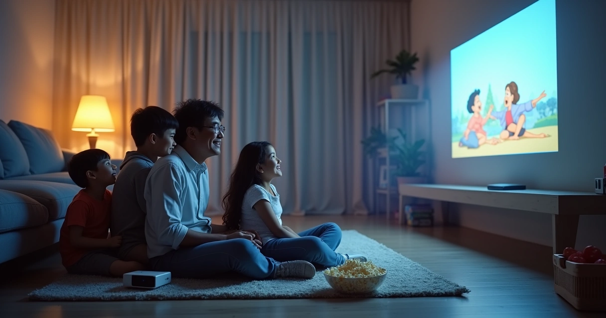 Família reunida usando mini projetor 