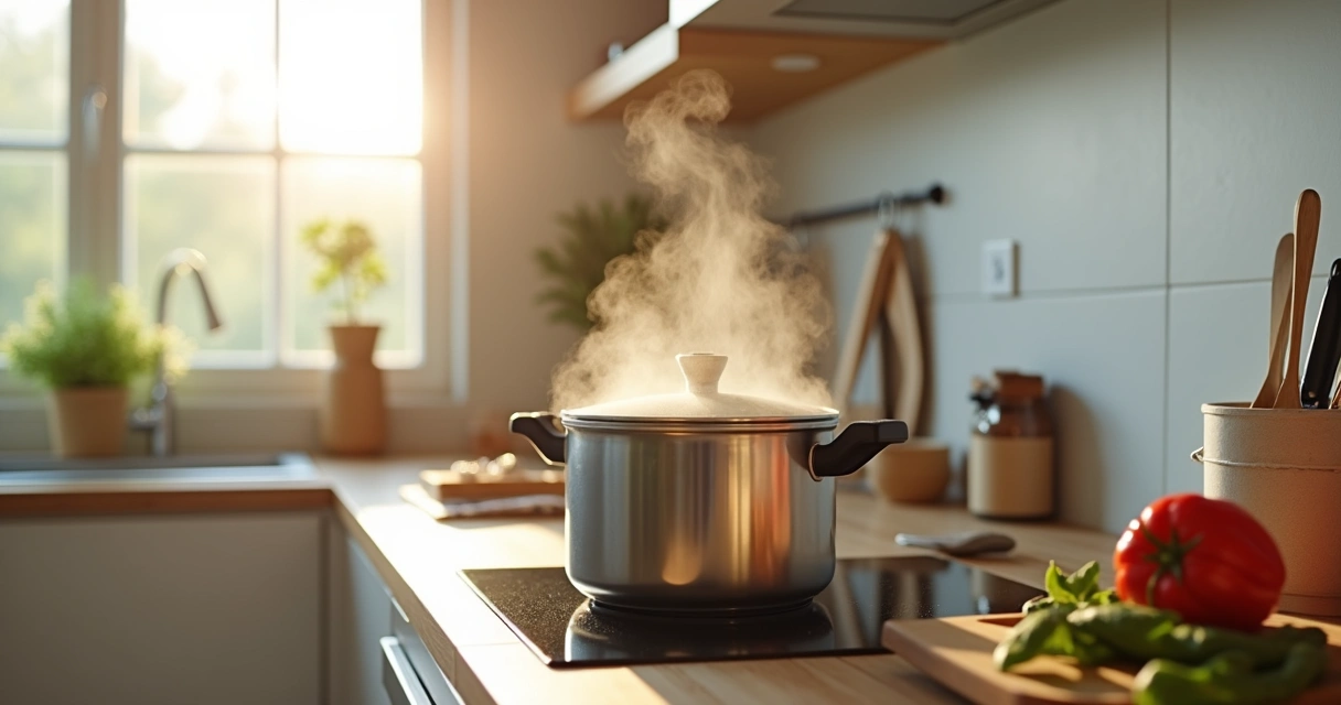 Família usando panela de pressão na cozinha 