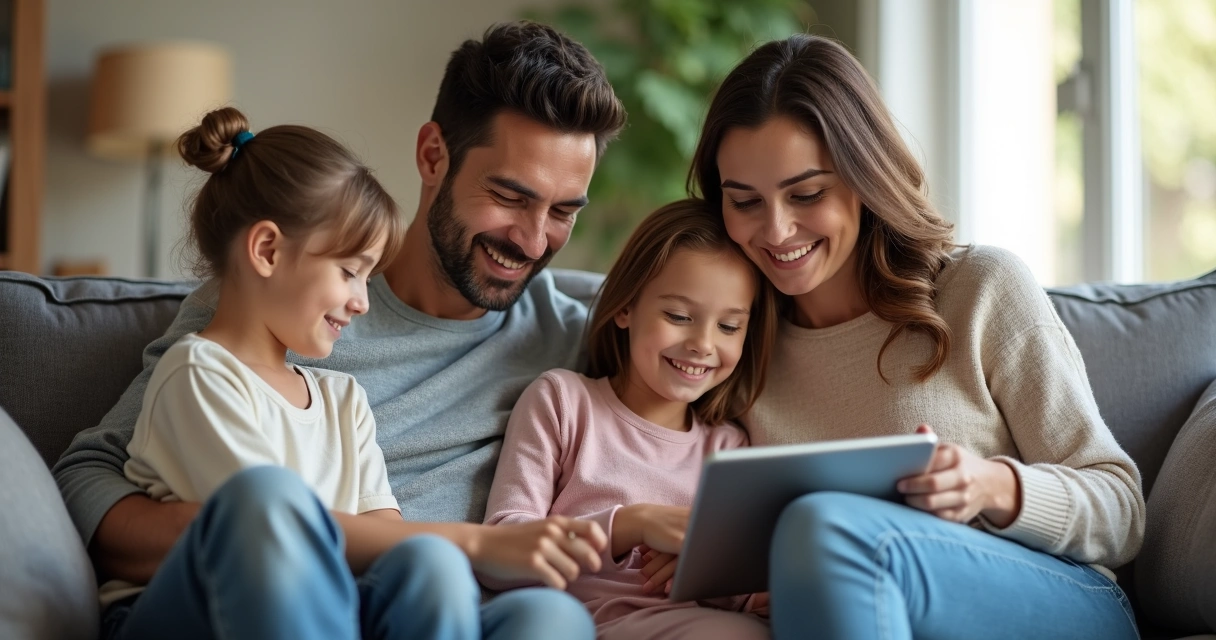 Família reunida no sofá usando um produto juntos