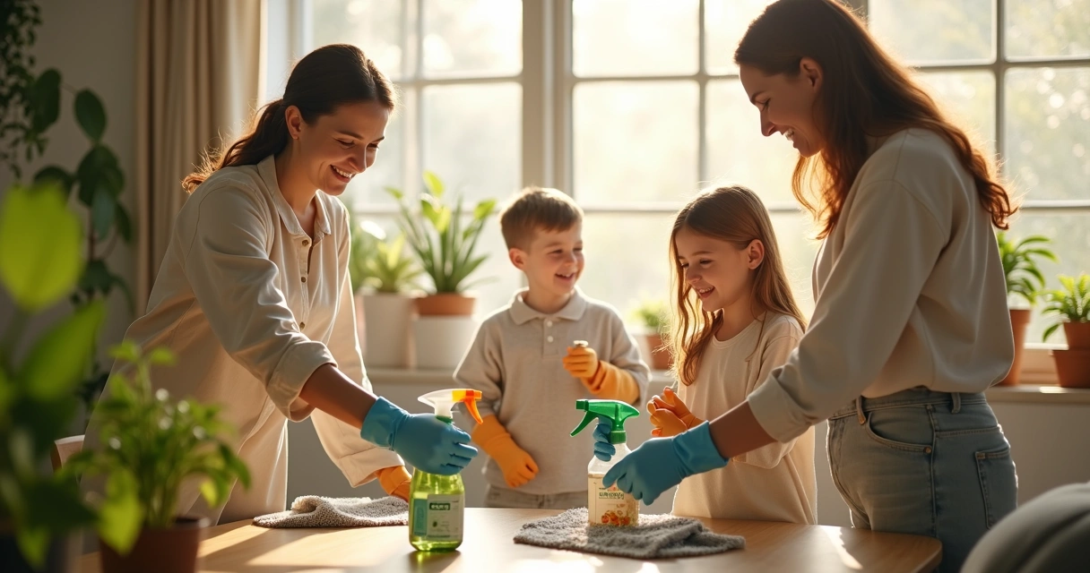 Família limpando casa com produtos de limpeza ecológicos em ambiente iluminado 
