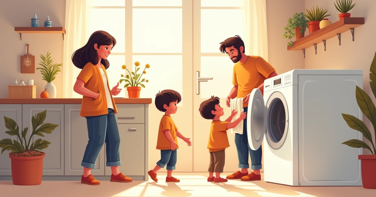 Família usando a secadora em casa 