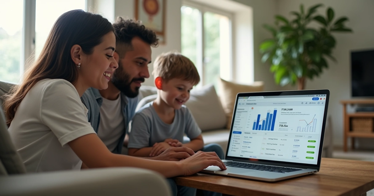 Família usando simulador imobiliário em notebook na sala de casa 