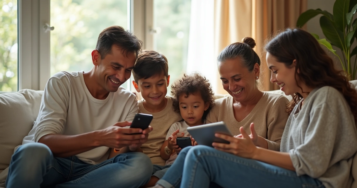 Família sentada em sofá usando smartphones 