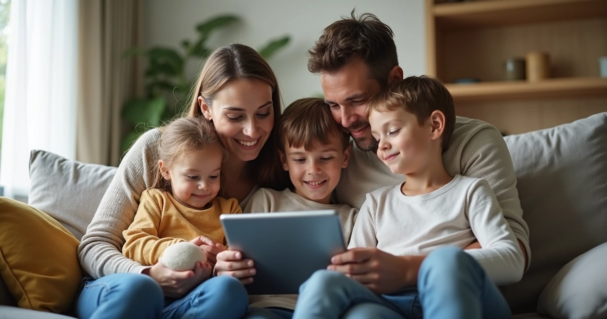 Família sentada no sofá olhando um tablet juntos