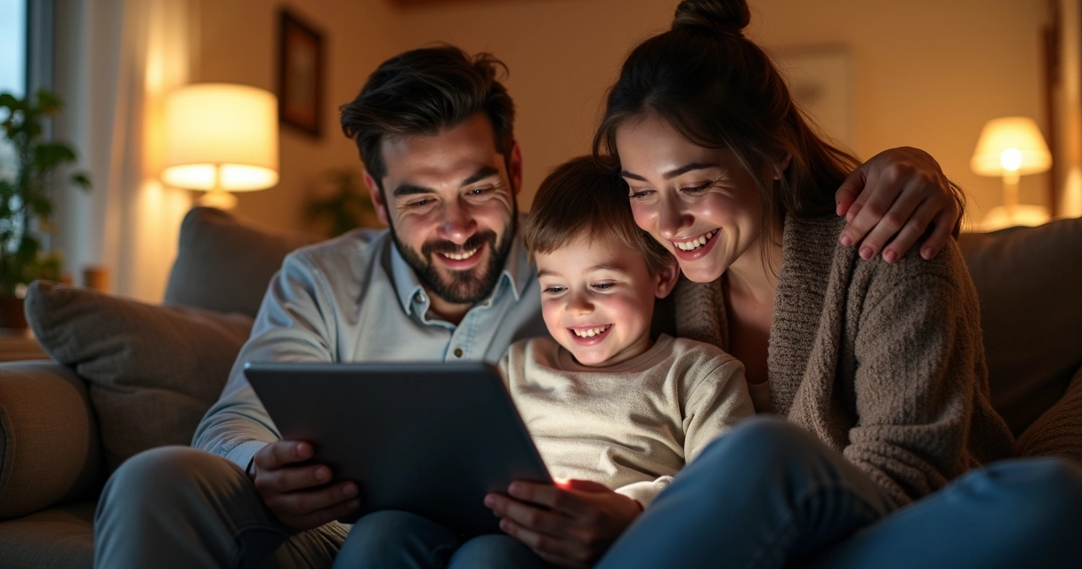 Família reunida usando tablet no sofá de casa 