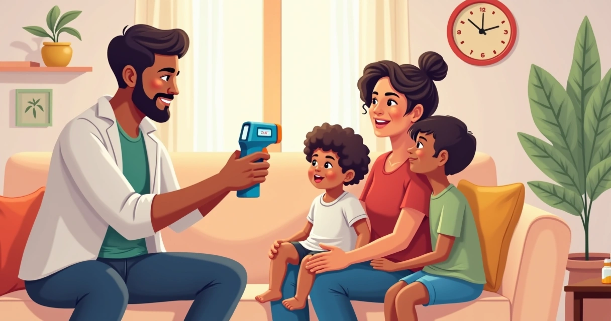 Família utilizando termômetro digital na testa da criança. 