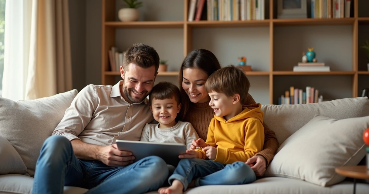 Família reunida no sofá usando um tablet com webapp de leitura infantil, ao lado uma estante organizada com poucos livros físicos 