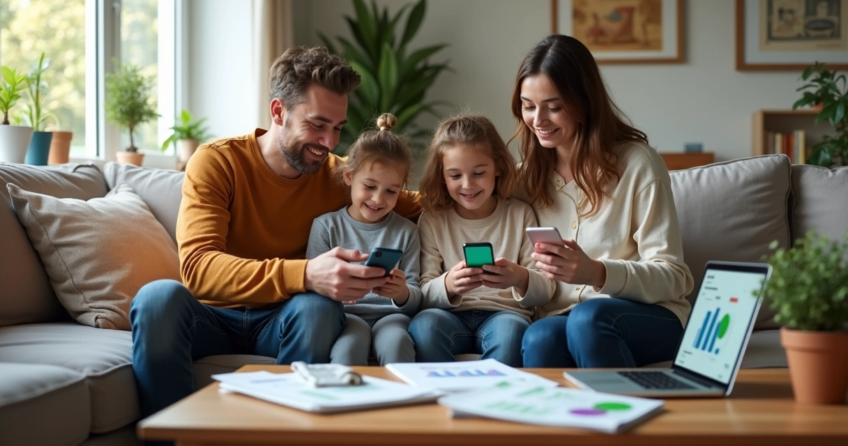 Família reunida organizando despesas no celular via WhatsApp em ambiente doméstico