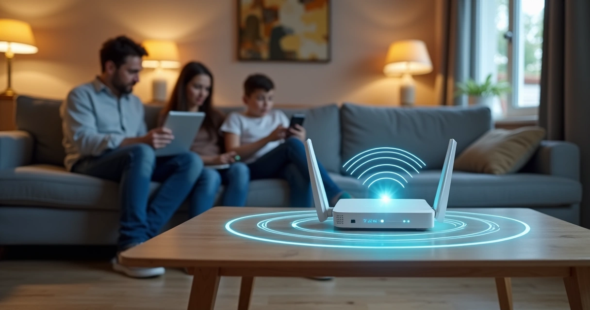 Família sentada no sofá usando diferentes dispositivos conectados ao Wi-Fi.