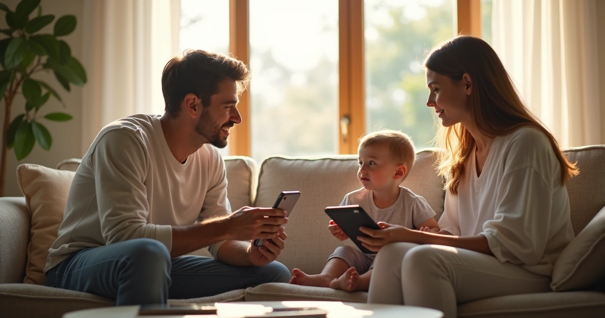 Família em momento sem telas na sala de casa 