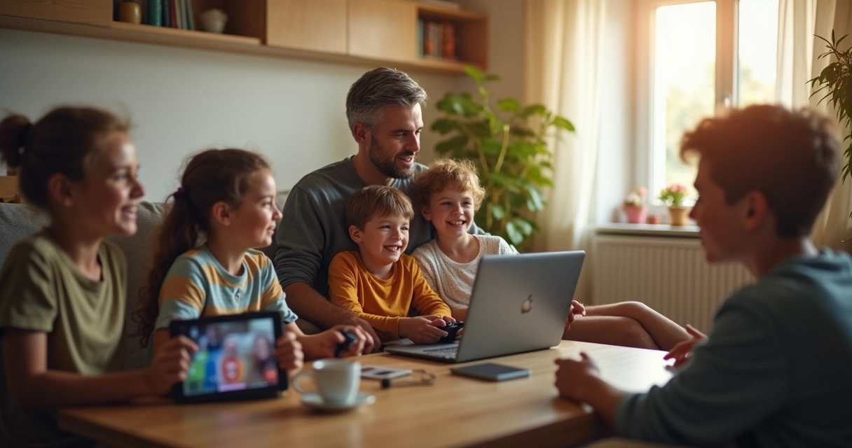 Família usando dispositivos digitais ao mesmo tempo na sala 