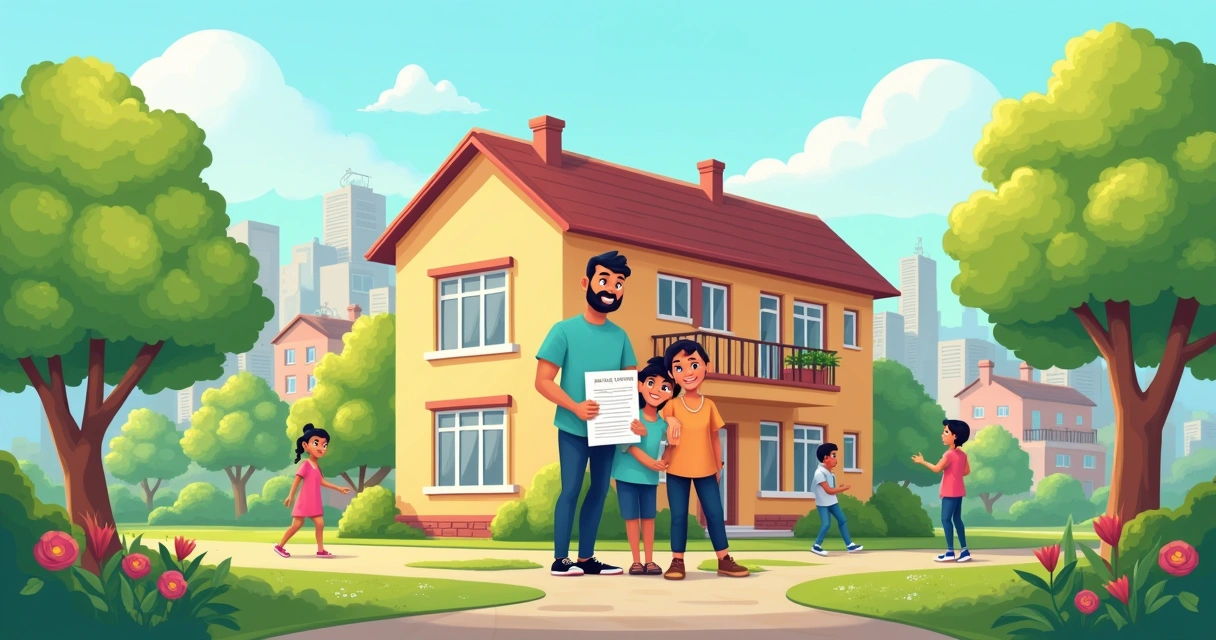 Família sorridente segurando um documento de propriedade legal em frente a um prédio residencial.
