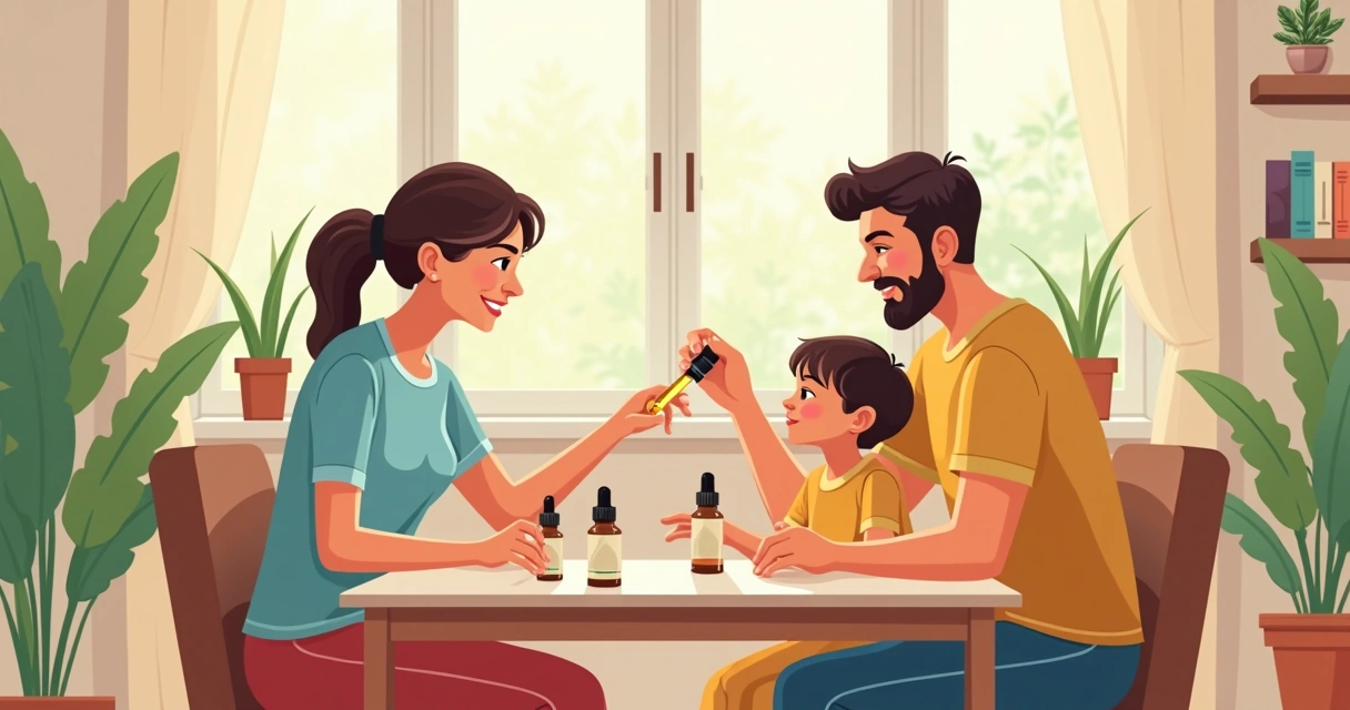 Família administrando óleo de CBD para criança em casa 