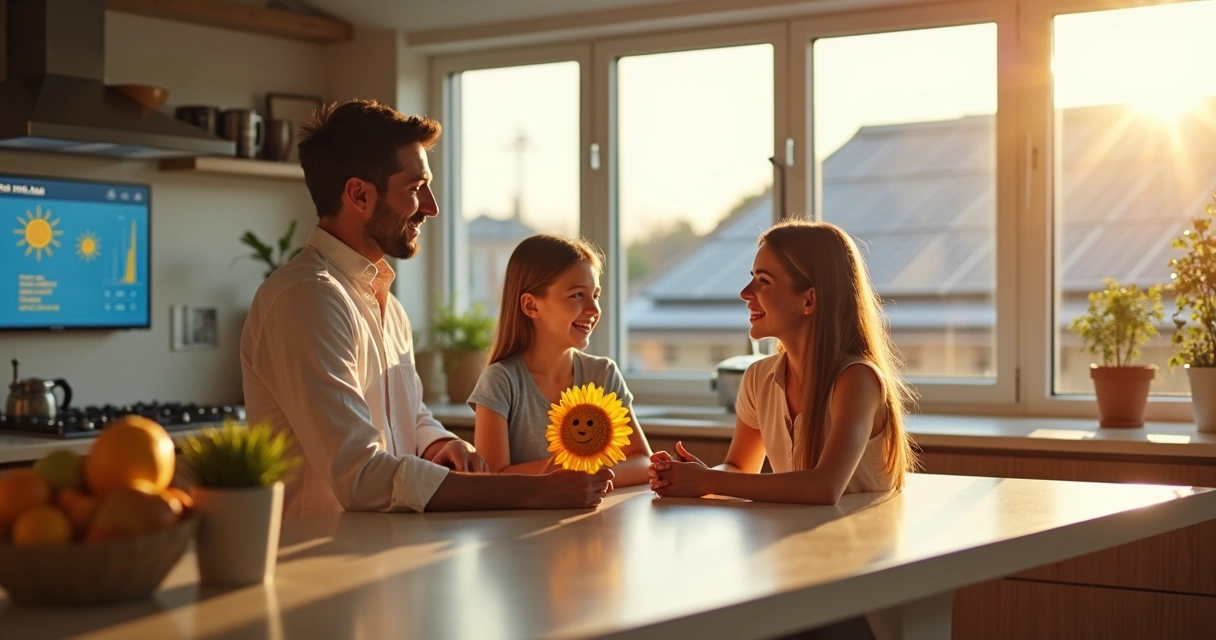 Família aproveitando energia solar em casa moderna 