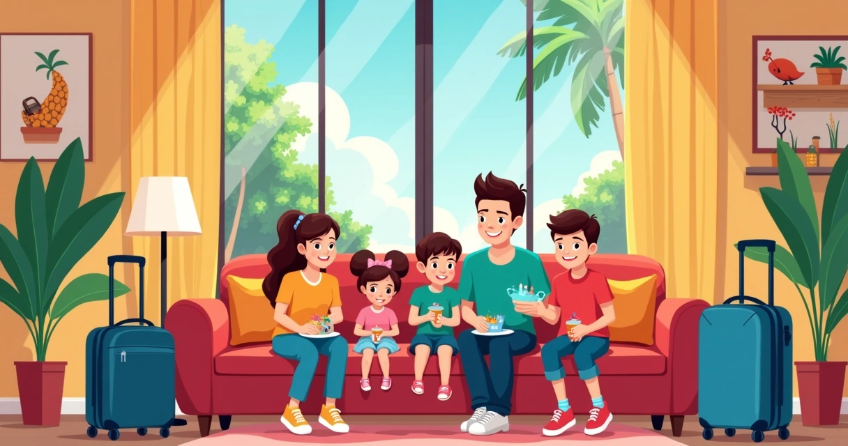 Happy family in a themed vacation home in Orlando with Disney decor.