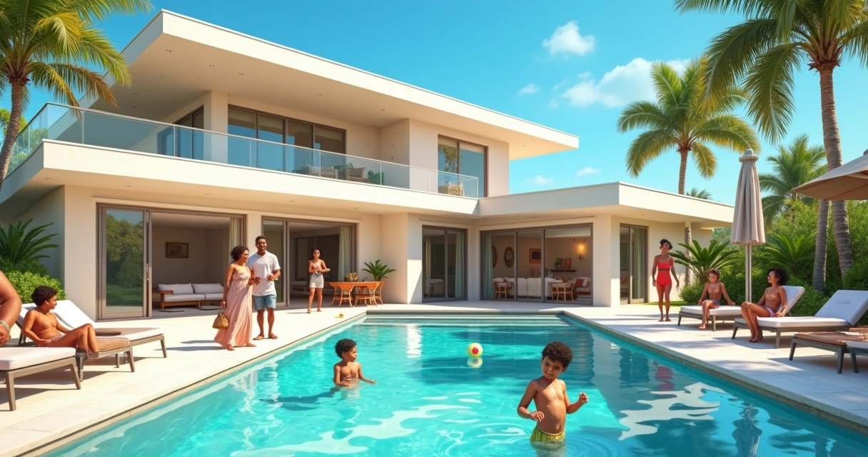 Happy family enjoying a pool in a vacation home in Orlando 