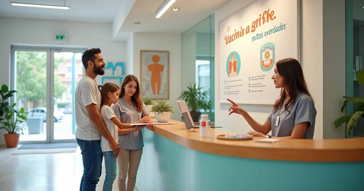 Família com crianças em clínica diante de cartaz sobre vacina da gripe 