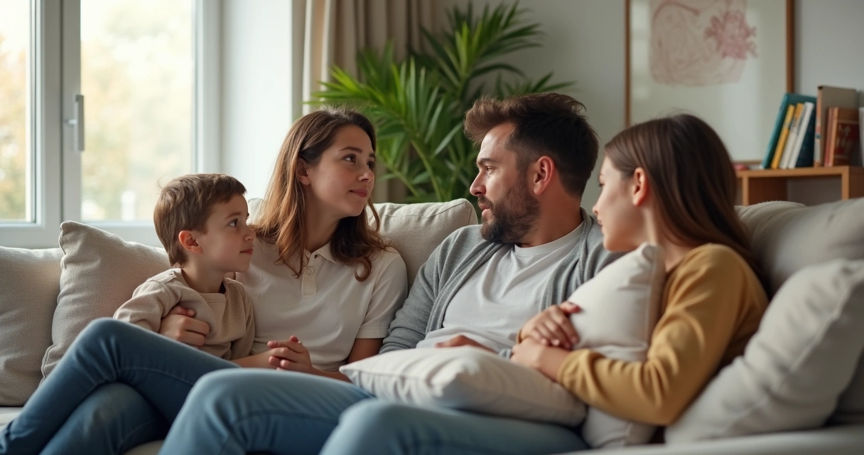 Família sentada no sofá praticando validação emocional em conversa tranquila 