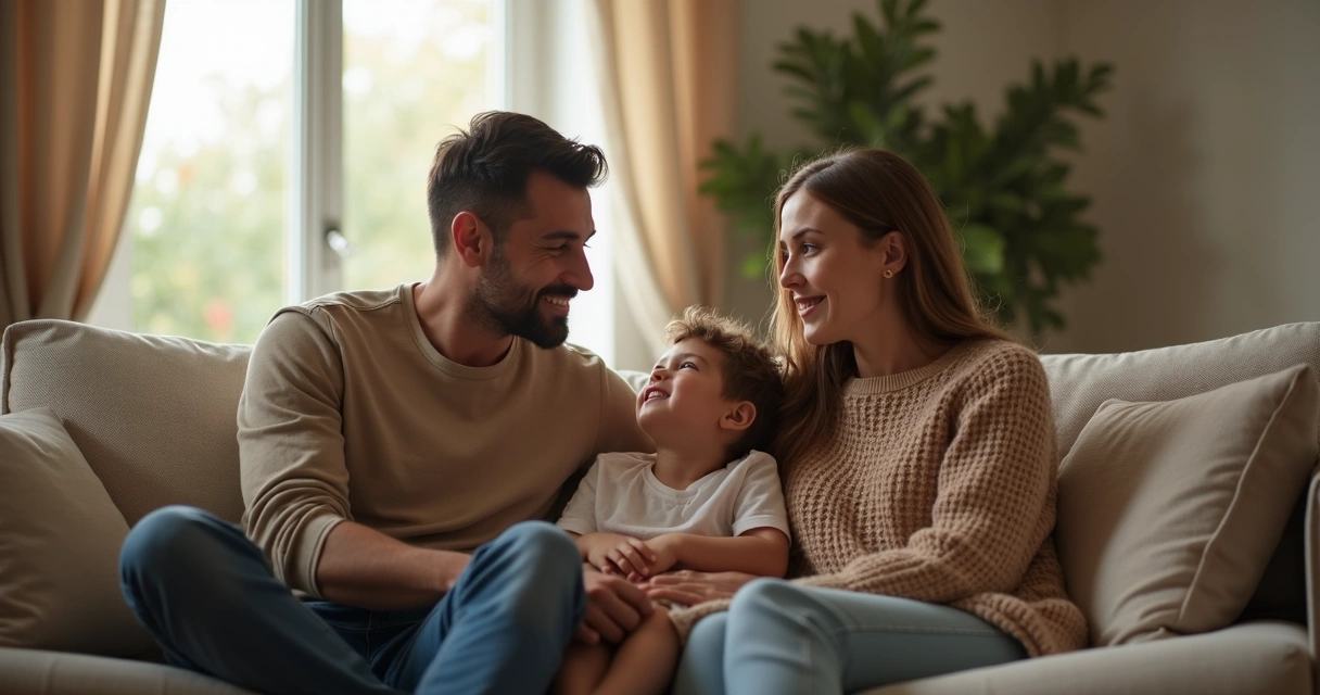 Família na sala de estar conversando com criança 
