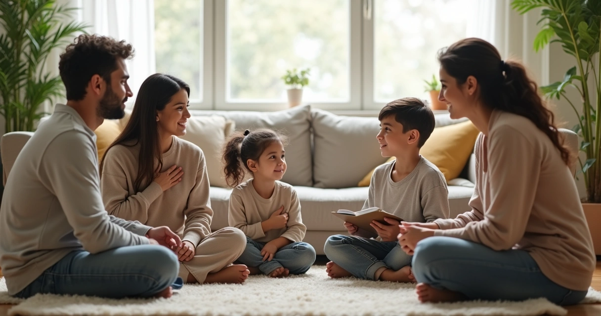 Familia reunida en la sala practicando valoración humana y conexión consciente 