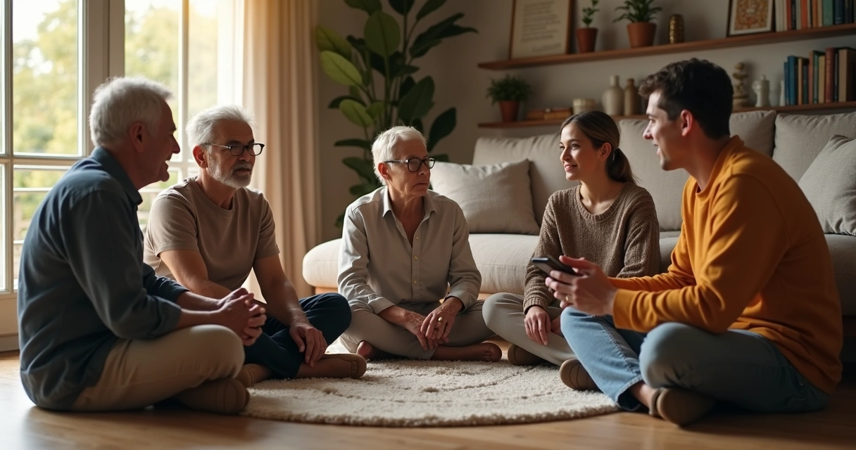 Família sentada em círculo conversando em sala iluminada 