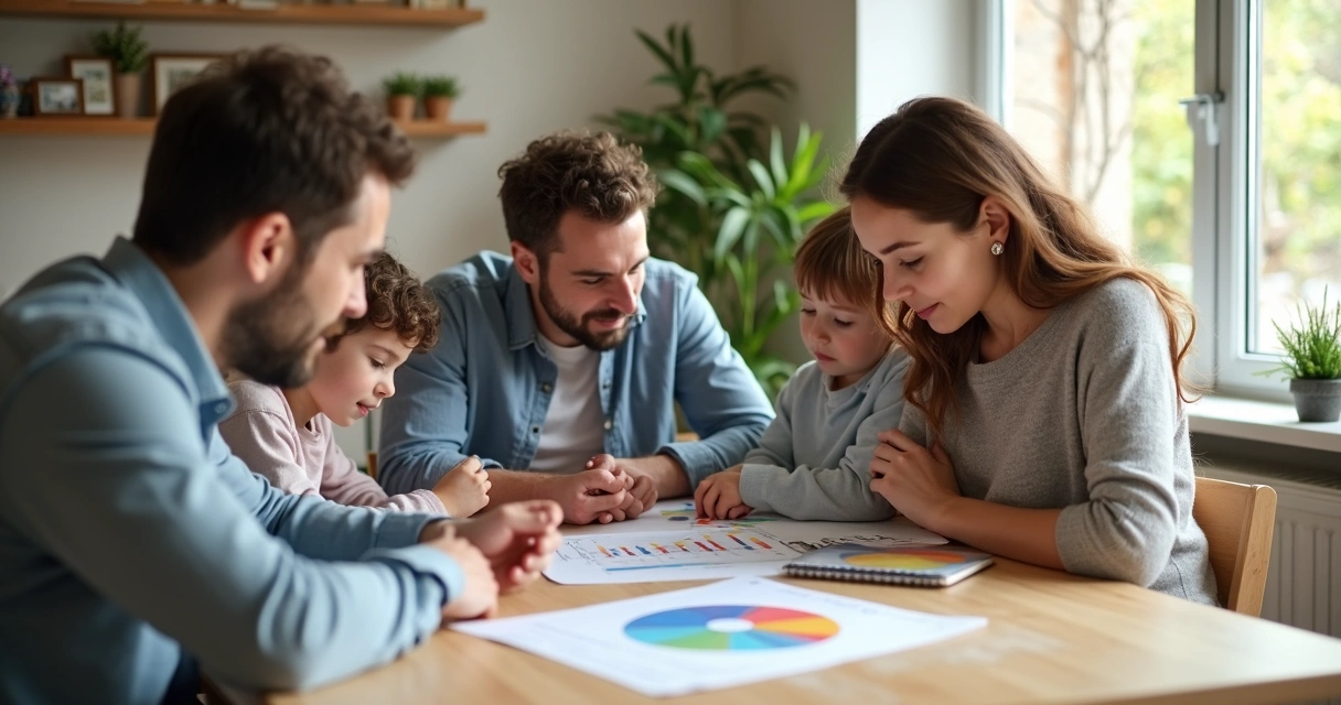 Família reunida à mesa analisando gráficos e decisões financeiras 