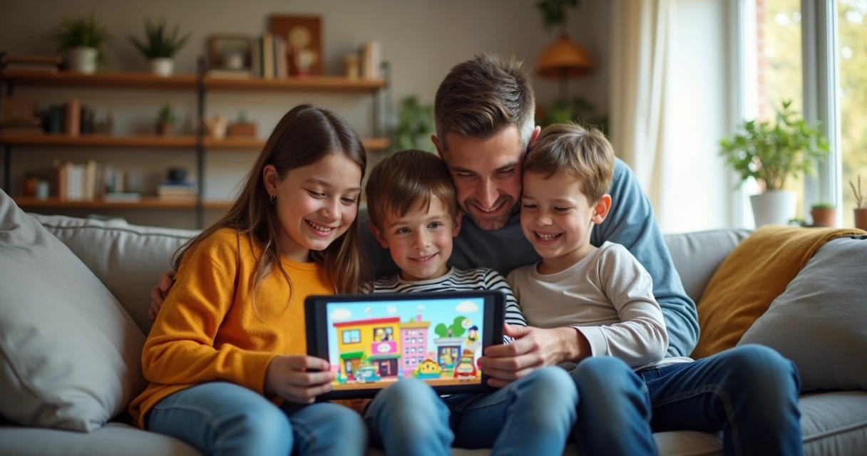 Família acompanhando redes sociais de escola em tablet em sala iluminada