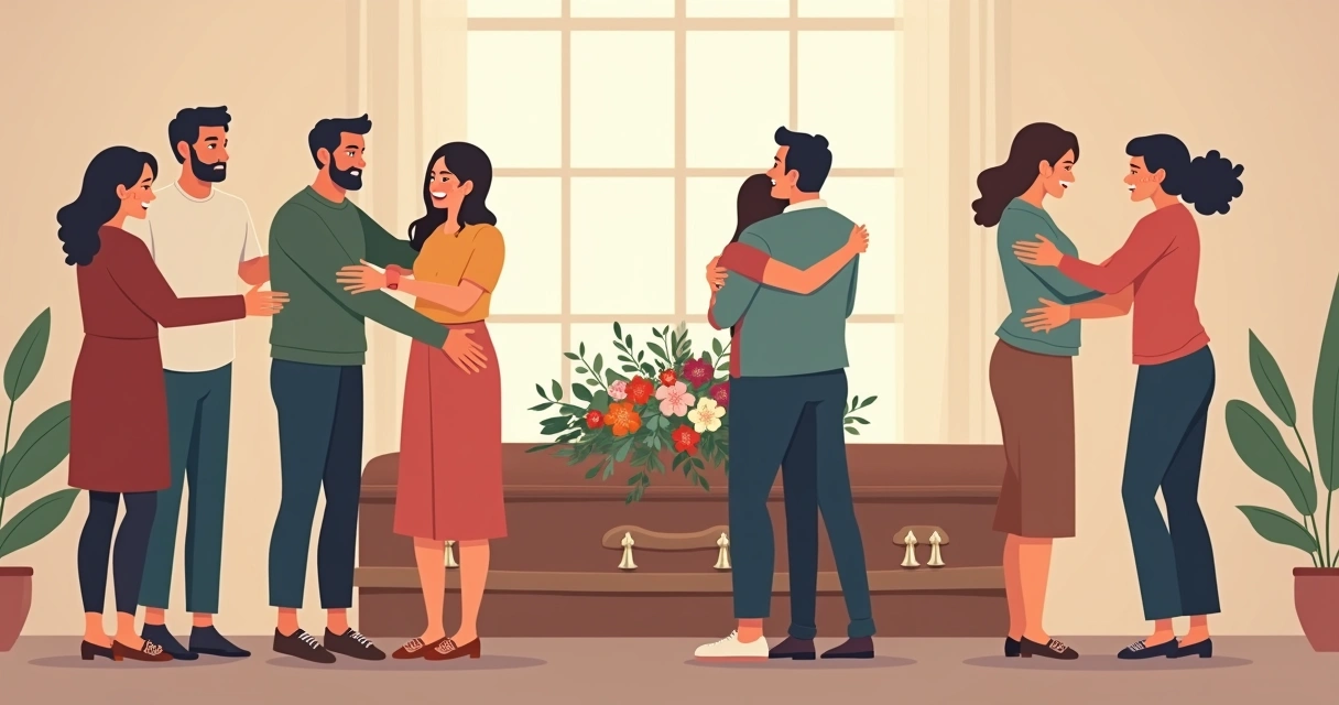 Parentes reunidos em velório, todos em silêncio, alguns consolando outros 