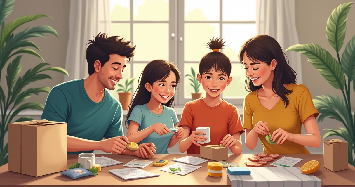 Família reunida em casa, sorrindo, com caixas e produtos ao redor 