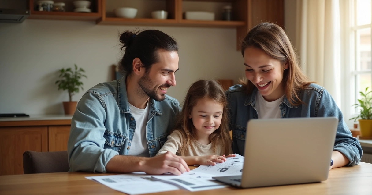 Família analisando opções de casa em reunião em mesa de madeira