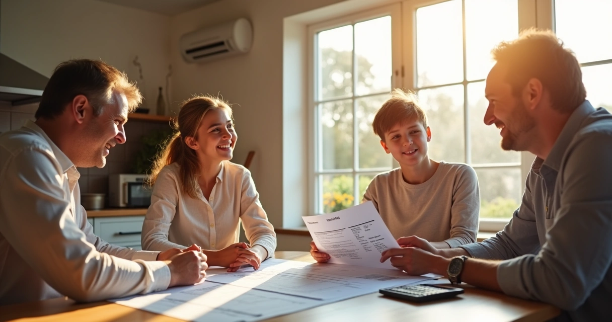 Família reunida analisando conta de energia reduzida