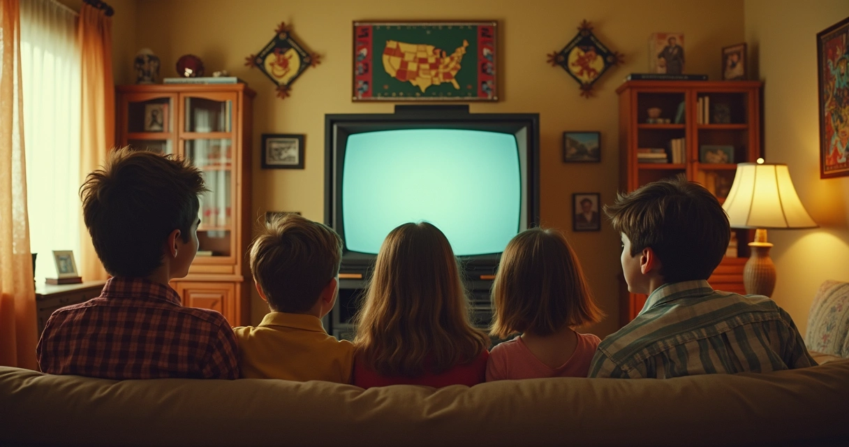 Familia mira televisión antigua en sala de estar