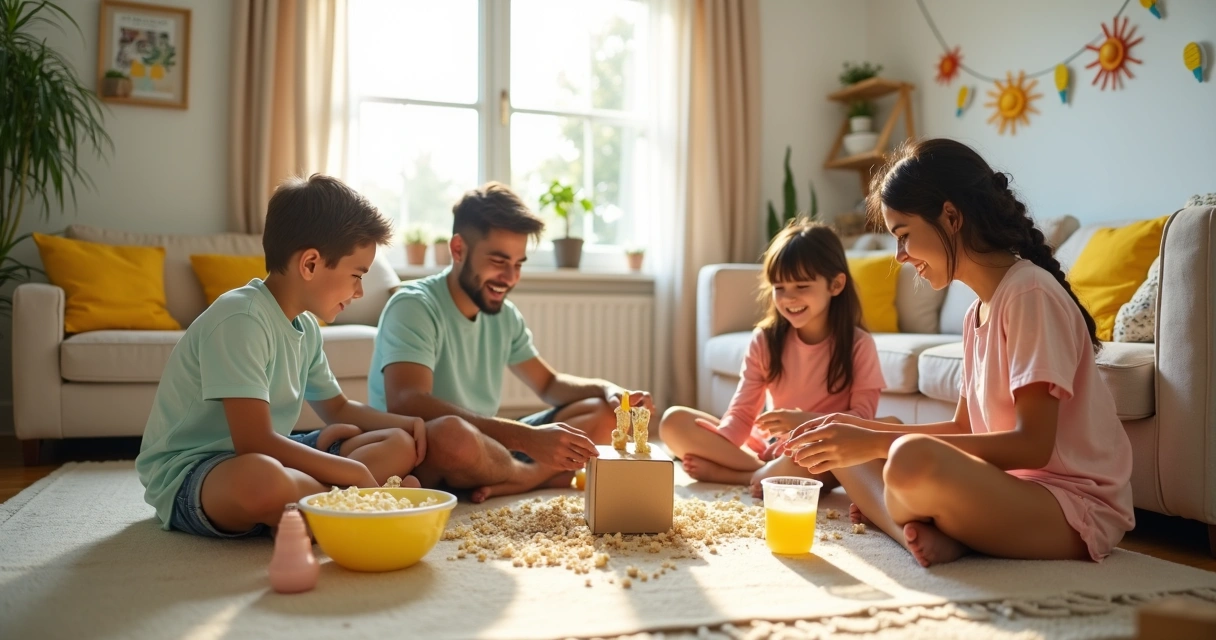 Família em sala decorada de verão brincando junta no chão 
