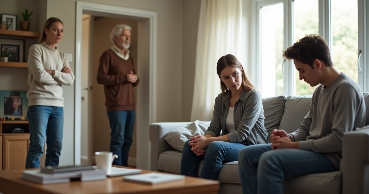Padres y adolescente sentados en el sofá con distancia emocional y tensión silenciosa 