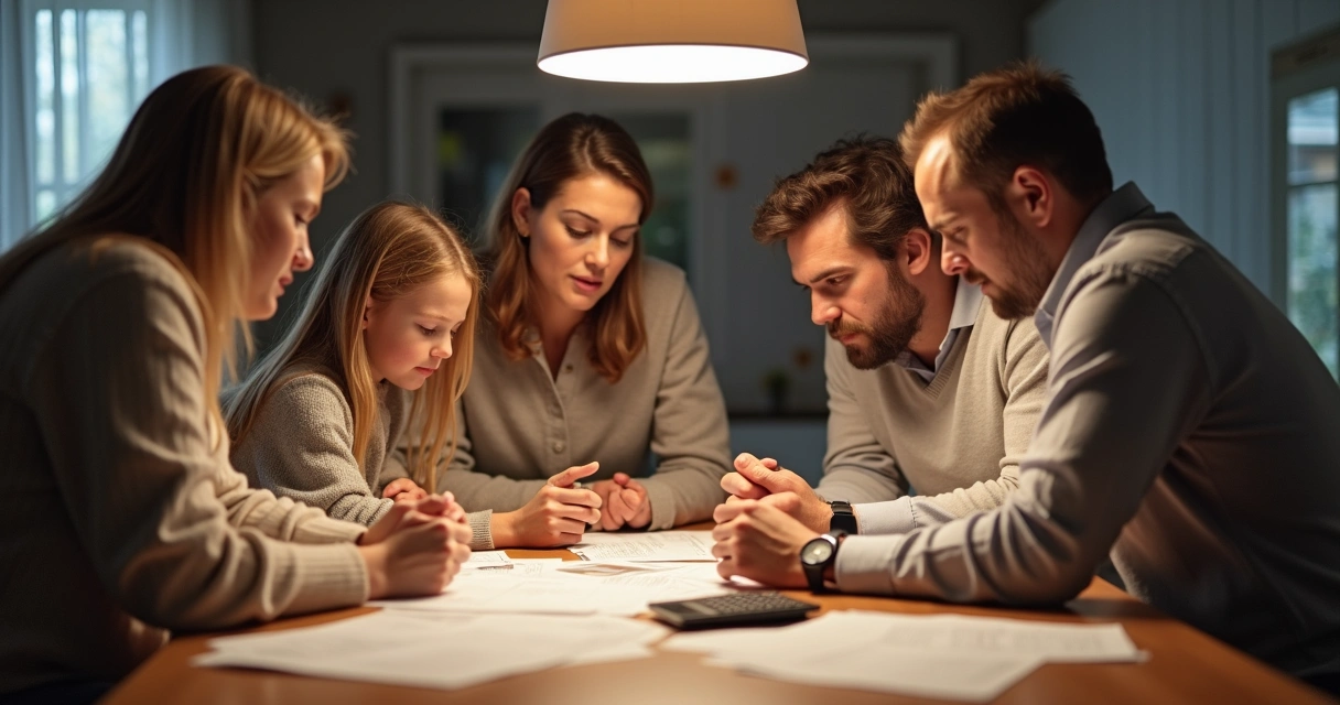 Família analisando juntos fatura de plano de saúde na mesa 